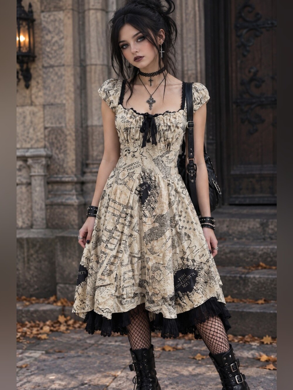 Hot Topic Vintage Map Print Puff-Sleeve Dress in Beige With Black Size M/S